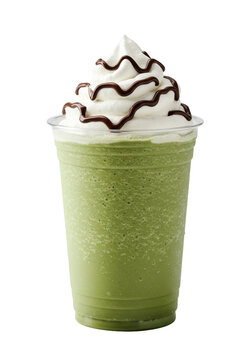 ultra-photorealistic macro shot of a premium iced matcha frappe in a frosted takeaway cup, topped with architectural whipped cream and viscous dark chocolate sauce on a transparent studio
