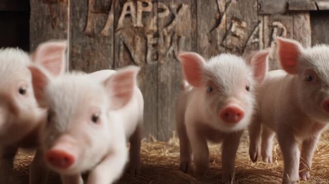 Happy New Year Piglets on Rustic Farm Background