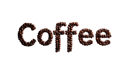 Coffee" text formed with coffee beans against a black background, highlighting texture and aroma