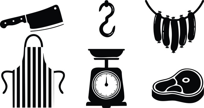 Flat design butcher tools set close up black silhouette cleaver apron meat hook hanging sausages kitchen scale steak icon composition minimal bold top view angle high