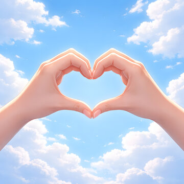 AI Hand Heart. Two hands forming a heart against a blue sky with soft clouds. Romantic AI-generated digital artwork, perfect for Valentine&rsquo;s Day, love, birthdays, and gifts.