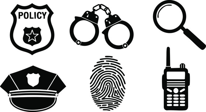 Flat design police icons set close up badge hat handcuffs fingerprint magnifier radio patrol shield emblem law enforcement symbols minimalist black vector composition isolated white background