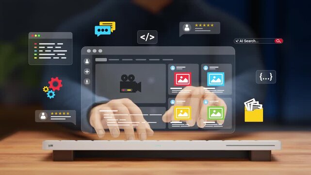 Web Design and App Development Concept. UX-UI Design, User Experience, Modern Interface Designing, Creative Planning and Data Visualization. Web Developer Working on a Website. 3D Video