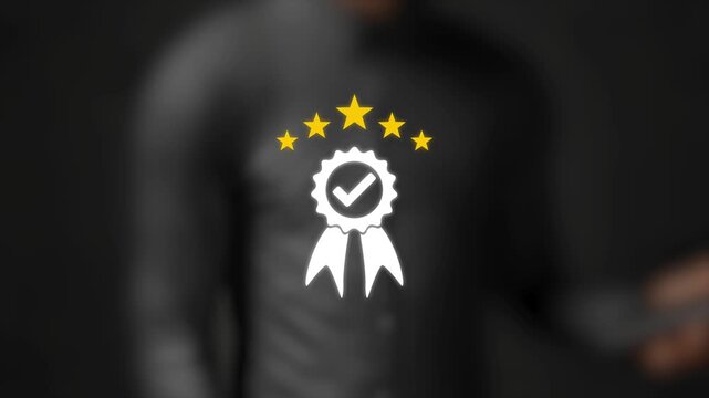 Top Service Quality Assurance. Business Trust, Customer Satisfaction, Product Guarantee, High-Quality Service, ISO Standard, Compliance and Reliability. Businessman Touching Top Quality Badge.3D Video