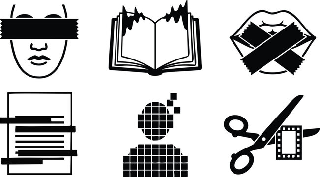 Flat design vector set of black censorship icons showing blindfolded face taped mouth redacted document open book torn pages pixel avatar film scissors cutting frame isolated