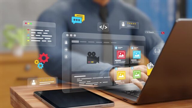 Web Design and App Development Concept. UX-UI Design, User Experience, Modern Interface Designing, Creative Planning and Data Visualization. Web Developer Working on Website on a Laptop. 3D Video