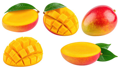 Collection of mango fruit whole, halved, and diced, with green leaves, against a black background