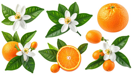 Collection of oranges, flowers, leaves, and citrus fruit on a transparent background