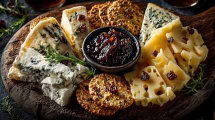 A diverse selection of cheese and crackers arranged on a wooden board with a small bowl of jam, ready to be enjoyed.