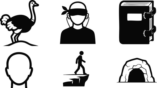 Flat design set of six black silhouette icons ostrich blindfolded person bound book blank head walking off cliff cave in minimal vector style minimal bold icons