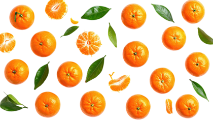 Collection of vibrant oranges, green leaves, and segments against a solid black backdrop