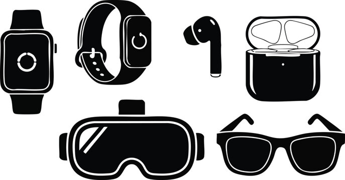Minimalist flat vector lineup of wearable tech accessories close up top view smartwatch strap watch earbuds charging case vr goggles sunglasses black silhouette isolated studio icons