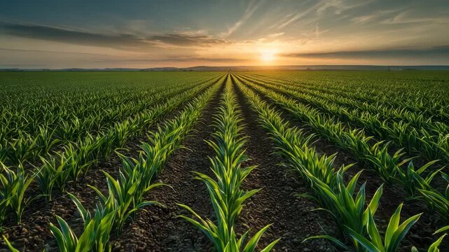 Scenic Farmland with Mountain Horizon and Sunrise