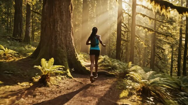 A runner explores a tranquil forest, surrounded by towering trees and lush ferns. Sunlight filters through the leaves, creating a magical atmosphere. Every step paints joy.