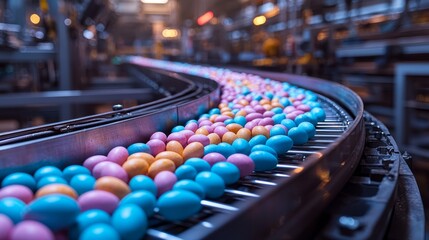Fototapeta premium This image captures a winding conveyor belt filled with vibrant, colorful eggs, illustrating the fascinating interplay of industrial processes and vibrant aesthetic appeal in modern egg production.