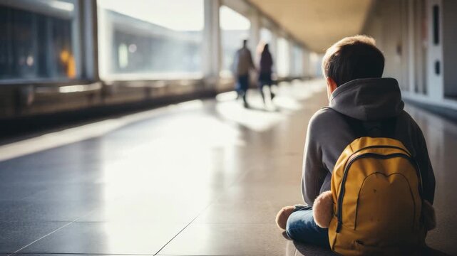 Sad Lonely Child Sitting Alone in School Corridor