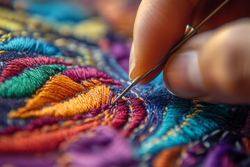 Delicate fingers pulling needle through fine fabric