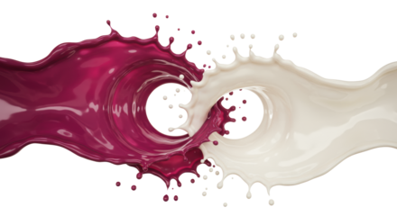 hyperrealistic high-speed macro view of a glossy deep magenta viscous liquid colliding with a dense white cream ribbon helix, fine droplets bursting on a transparent cyclorama, concept for premium