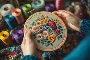 Hands stitching fabric on wooden embroidery hoop