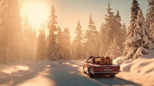 Winter Holiday Road Trip with Festive Car and Presents