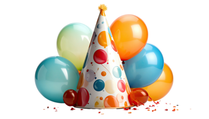 Colorful celebration arrangement; party hat with balloons and confetti on a black backdrop