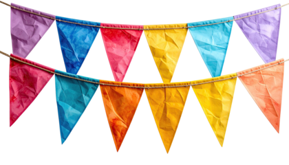 Colorful triangular flags strung on twine, a festive decoration