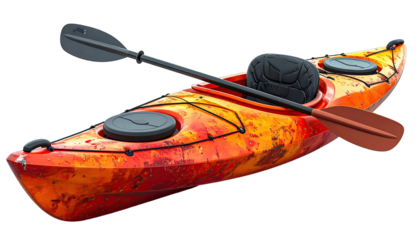 Colorful, two-person kayak with a paddle over it, viewed at a three-quarter angle on a black background