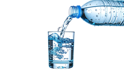 Crystal clear liquid being poured from a bottle into a transparent drinking glass