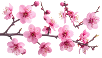 Delicate branch featuring vibrant pink blossoms with visible stamens, isolated against a black backdrop