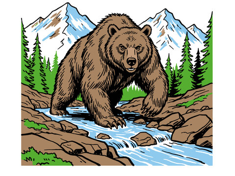 Grizzly bear walking through river in mountain forest landscape. Vintage wild animal vector illustration for t shirt print, poster design.