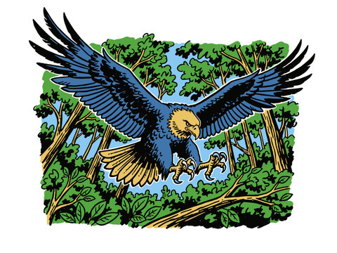 Retro comic style eagle flying, talons ready to strike. Mascot graphic design for t shirt print, poster, sticker, label. Bird in forest cartoon.