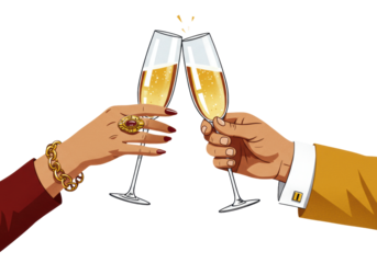 vintage 1950s illustration close-up of two hands toasting delicate crystal champagne flutes; elegant woman's hand, man's cufflink and mustard jacket, stark white copy space background. Concept for