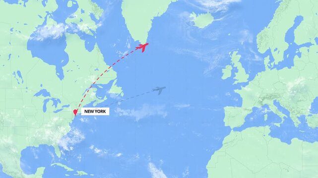 New York to Helsinki Flight Path Map Animation - USA to Finland - Green and Blue Map