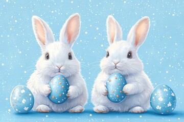 This delightful image showcases two fluffy rabbits sitting closely together, each holding a blue egg amidst a soft pastel background, evoking a sense of calmness and companionship.
