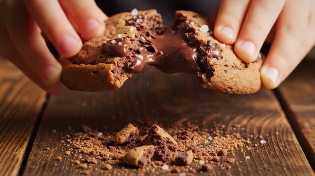 Hands press on warm cookies, releasing a cloud of chocolate joy. Delicious crumbles fall as they break apart, revealing a rich, molten center. The perfect treat for chocolate lovers.