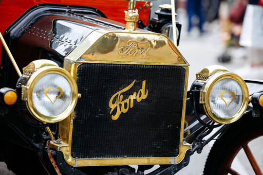 Velden, Austria - August 30, 2025: Vintage Ford Model T front view showcasing iconic design elements at Oldtimer Festival, highlighting craftsmanship and automotive history with copy space