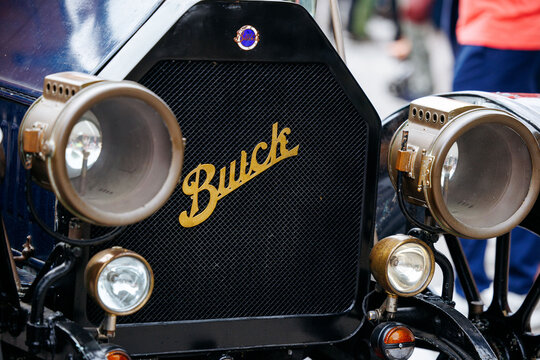 Velden, Austria - August 30, 2025: Classic Buick vintage car front view showcasing iconic logo and headlights at an Oldtimer Festival, highlighting automotive heritage and craftsmanship