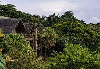 Obraz premium Wooden resort bedrooms with balconies in the landscape of Monteverde in Costa Rica looking west towards Pacific Ocean
