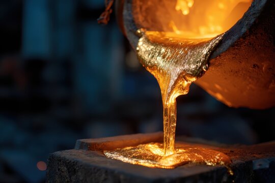 gold pouring from a melting pot in a smelting plant