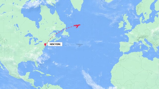 New York to Nice Flight Path Map Animation - USA to France - Green and Blue Map