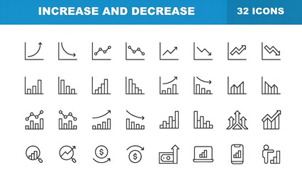 Business Data Increase and Decrease Icon Set: Financial Growth, Market Trends, and Analytic Chart Symbols in Line Art Style
