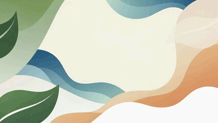 The abstract artwork features swirling green leaves and wavy blue lines on a white background with brown accents.
