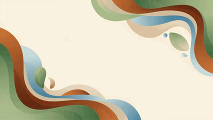 Vibrant wavy lines swirl across a beige abstract background with green blue brown and tan hues