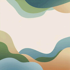 Abstract illustration of wavy lines and shapes in various shades of green blue and brown on a beige background