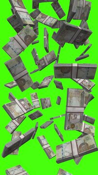 Vertical Bahraini Dinar bills falling on chromakey, BHD finance animation for mobile screens