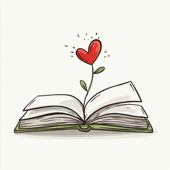 Flat illustration of open book with red heart-shaped flower growing from center, naive style. Minimal design for self-care, journaling or mindfulness branding with copy space.