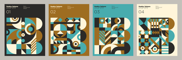 A set of a retro banners in an abstract style with a geometric shapes. Vector illustration.