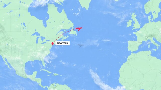 New York to Porto Flight Path Map Animation - USA to Portugal - Green and Blue Map