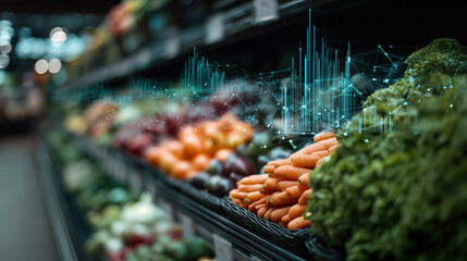 Futuristic Supermarket Scene: Holographic Data Lines Connect Fresh Fruits and Vegetables in a Modern Digital Art Style