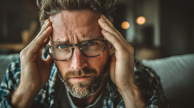 Frustrated man at home with a headache, overwhelmed by daily stress, conveying emotional exhaustion and relatable struggles.